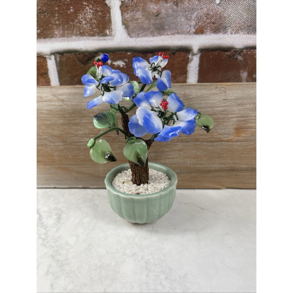 Vintage Bonsai Blue Glass Flowers In A Celodon Vase  6"